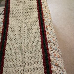 Hand Crafted Table Runner Crochet Long Sparkling Rectangle 62 inch White Red